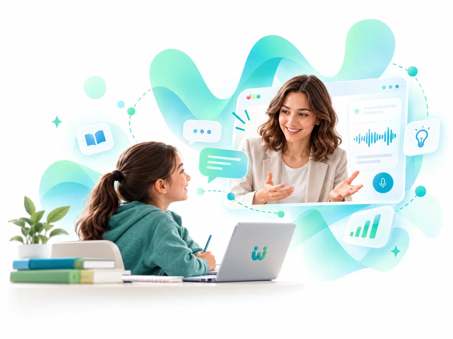 A learner at her desk talking with her teacher's DoubleU on screen